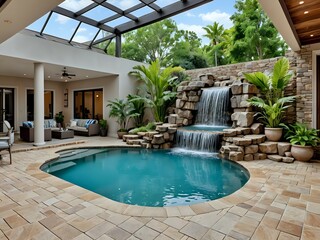 Fototapeta premium Waterfall and swimming pool in the yard, real estate 