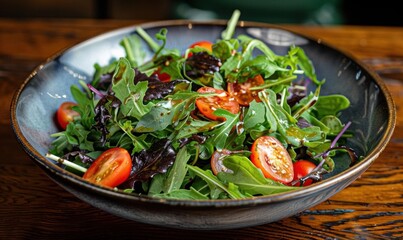 A fresh salad with greens and cherry tomatoes in a bowl.