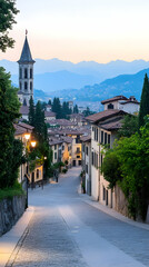 Fototapeta premium Scenic Italian Hilltop Town Sunrise Street View.
