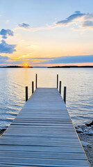Obraz premium Serene sunset over calm lake, wooden dock leading to peaceful waters, idyllic travel postcard.