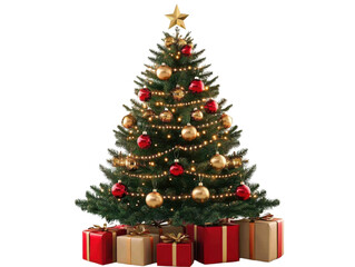 christmas tree with red and gold ornaments on transparent background