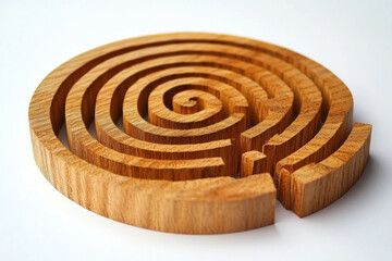 "Wooden labyrinth maze with intricate spiral design."