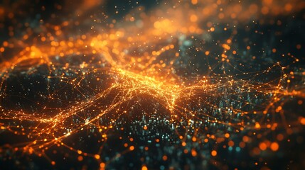 Obraz premium Abstract visualization of interconnected data points and networks in glowing orange.
