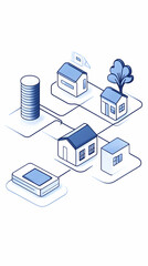 Smart Home Network Data Server Connecting Suburban Houses, Tree Background, IoT Illustration.