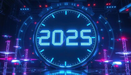 Obraz premium Futuristic 2025 New Year's Clock with Drones.generative ai