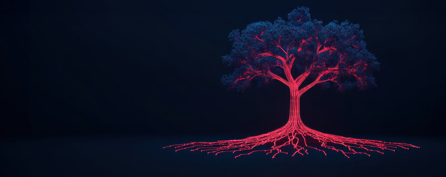 glowing tree with illuminated roots and branches in dark - Powered by Adobe
