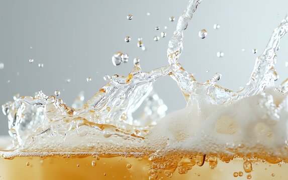 Refreshing splash of a cold beverage with fizzy bubbles and droplets in motion.