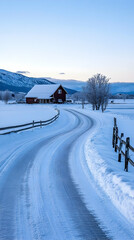 Snowy winding road leads to red barn, mountain backdrop, winter landscape, idyllic postcard.