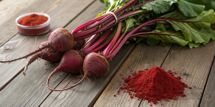 A bunch of red beets are on a wooden table next to a container of red powder