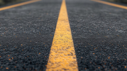 Yellow line on road dividing two lanes, leading towards distant mountains under clear blue sky.