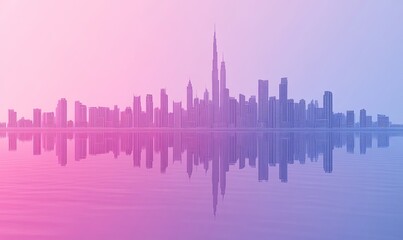 Fototapeta premium City skyline reflected in calm water at dawn or dusk, showcasing modern architecture and urban development.