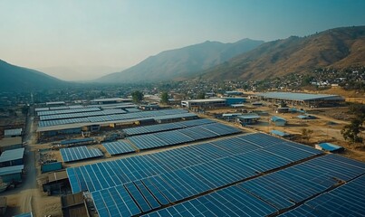 Aerial view of solar panels on rooftops in a mountainous landscape.