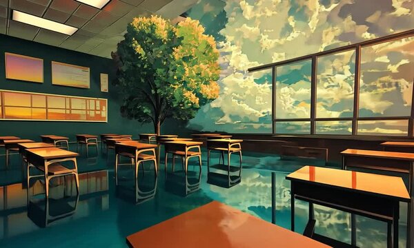 Tranquil Classroom Setting with Large Windows Overlooking a Colorful Sky and Surreal Landscape, Ideal for Educational and Creative Themes