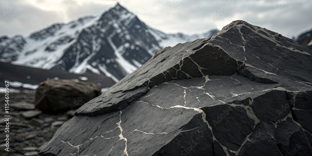 Poster a large rock with a lot of cracks and a mountain in the background
