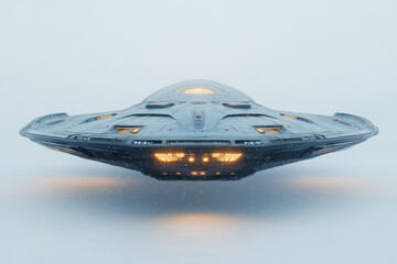 Star Trek ship in water, sleek design shining in sunlight. Futuristic and otherworldly against natural backdrop. Dominant presence radiating power and exploration.