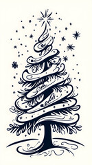 Stylized Christmas tree design, snowflakes falling, white background, holiday card.