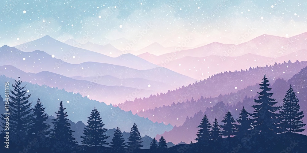 Poster A mountain range with snow on the trees and mountains in the background
