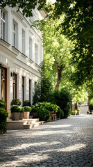 Sunny Berlin Street, Luxury Building, Cobblestone Path, Green Trees, Real Estate.