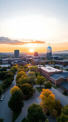 Sunrise over autumn campus, aerial view, city skyline, educational setting, website banner.