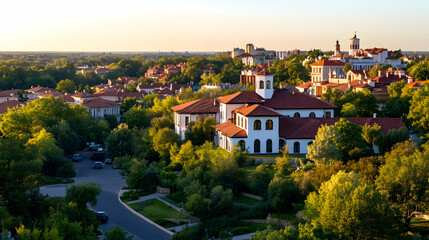 Sunset aerial view of upscale suburban neighborhood, tree-lined streets, and distant cityscape, ideal for real estate marketing.