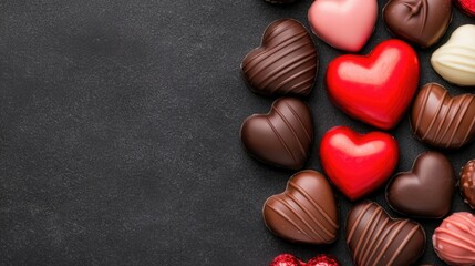 An assortment of heart-shaped chocolates in various colors and textures arranged on a dark surface, perfect for gifting or celebrating love.