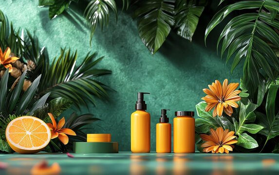 Tropical-themed skincare products surrounded by lush leaves and vibrant flowers.