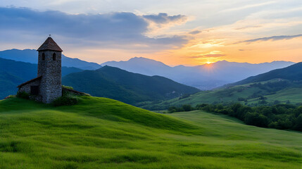 Fototapeta premium Sunset over Italian Alps; ancient stone chapel on hilltop; peaceful landscape; travel postcard.