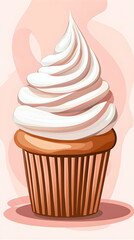 Swirled Cream Cupcake Dessert Bakery Food Illustration Pink Background.