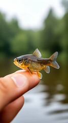 Fototapeta premium Tiny fish held on finger, river background, nature photography, aquatic life stock photo.