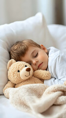 Toddler sleeping soundly with teddy bear in bed, bedroom background, for child care or sleep products.