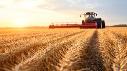 Fototapeta premium Tractor Harvesting Wheat Field at Sunset; Agricultural Industry.