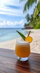 Obraz premium Tropical Beach Cocktail Refreshing drink on wooden bar, palm trees & ocean background, perfect for travel ads.