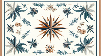 Tropical Floral Compass Textile Design, White Background, Bohemian Pattern, Fabric Print.