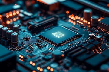 Obraz premium Modern Circuit Board with Glowing Chip. Concept of Technology, Innovation, and Future.