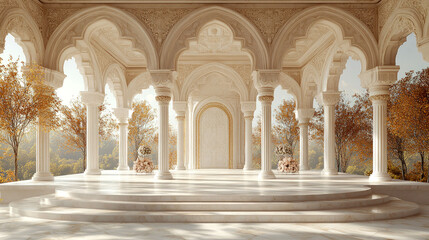 Elegant marble pavilion with autumnal backdrop.