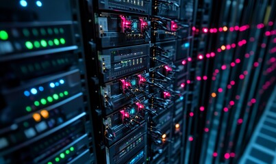 Close-up of a server rack with illuminated indicators and connected cables.