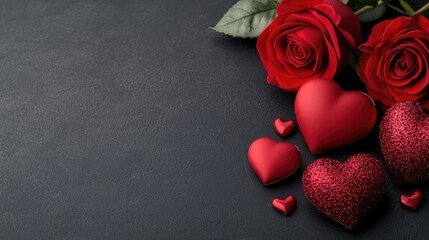 A romantic arrangement featuring red roses and heart-shaped decorations on a dark background, perfect for expressing love.