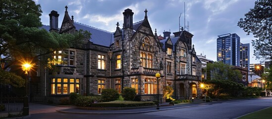 Fototapeta premium Elegant stone mansion at twilight, city backdrop.