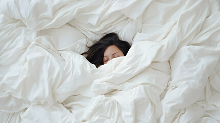 Woman sleeping soundly under white sheets in bedroom, peaceful morning scene, perfect for sleep, rest, and relaxation content.