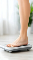 Woman Weighing Herself on Scale at Home, Bright Background, Health.
