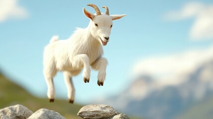 Obraz premium Goat leaping over rocks mountainous landscape animal photography natural environment close-up playfulness