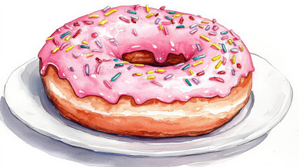 Delicious pink donut with sprinkles on white plate, perfect for dessert