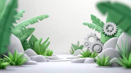 Lush green landscape with gears nature setting 3d animation tropical vibe calm environment creative concept