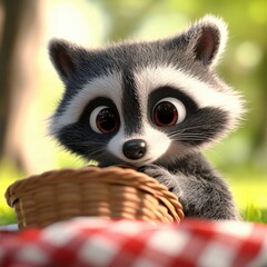 Fototapeta premium Curious raccoon enjoys snack sunny park animal photography lush environment close-up view playful wildlife concept
