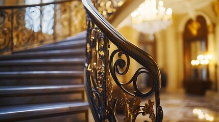 Ornate iron railing on a grand marble staircase.