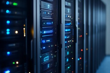 Modern Server Racks with Blue LED Lights. Concept of Data Center, Technology, and Cloud Computing.