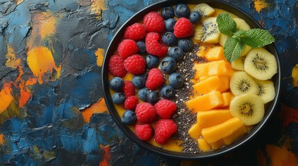 A smoothie bowl with fruits, nuts, and seeds, beautifully arranged, vibrant and appetizing.