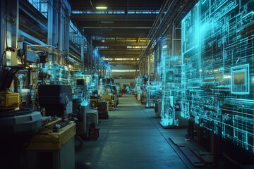 Obraz premium Surreal Manufacturing Floor with Glowing Nanotech and Traditional Machinery