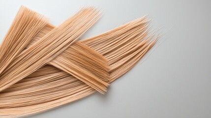 Close-up of light brown hair strands on gray background.