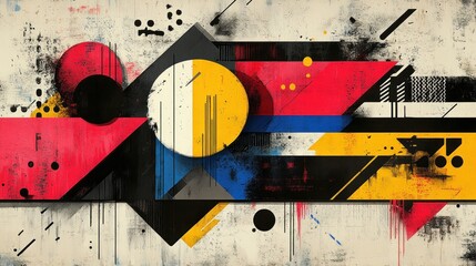 Abstract geometric artwork featuring bold shapes and colors.